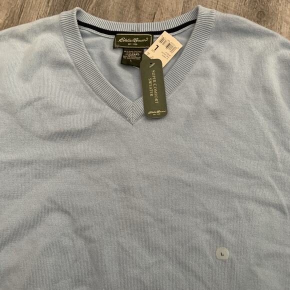 Eddie Bauer Sweater Men Large Sky Blue Fine Gauge V-Neck Pullover PIMA Nylon NEW - Picture 3 of 6